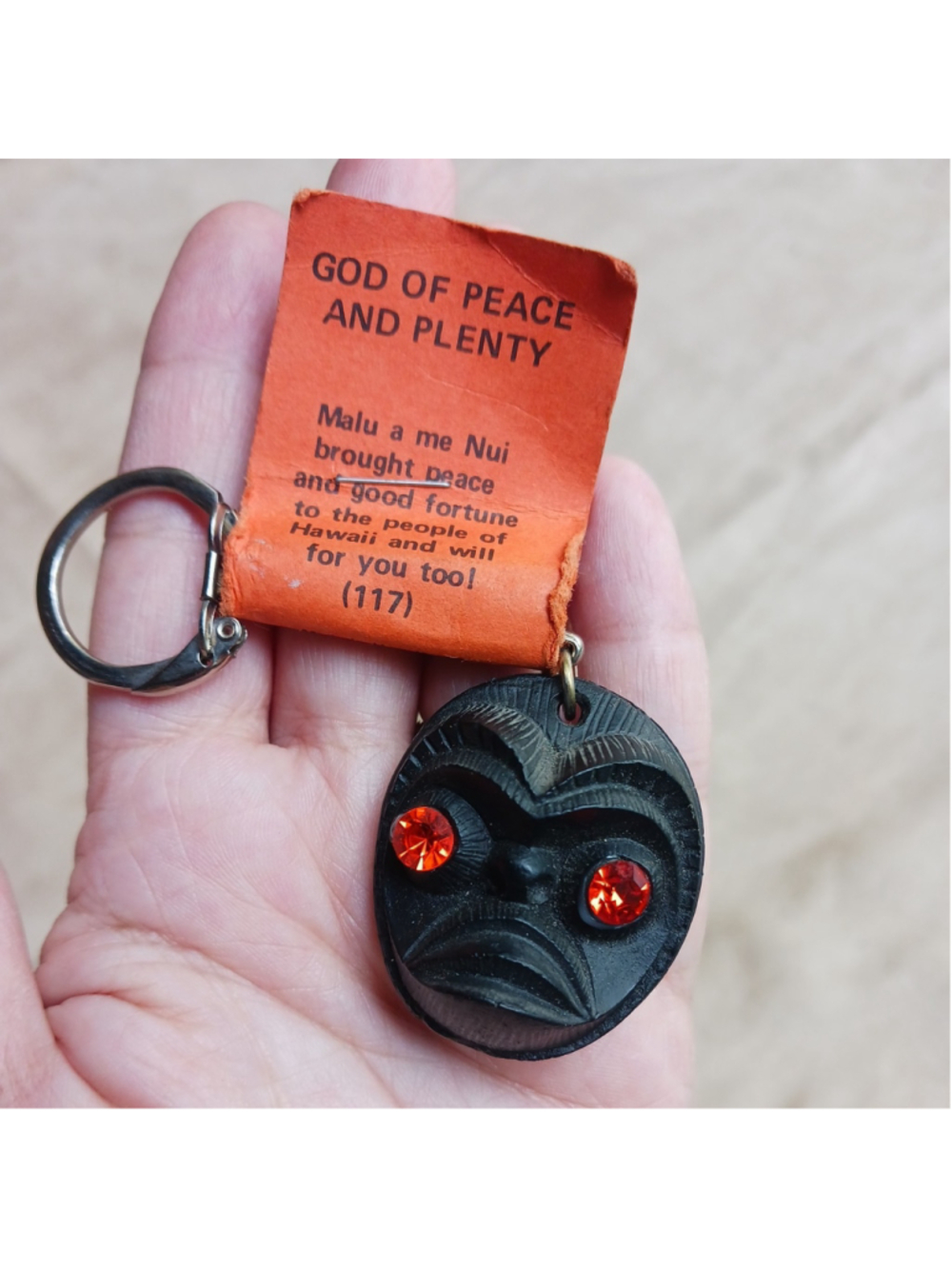 Coco Joe's Hawaiian Keychain God of Peace & Plenty Rhinestone orange Eyes Lava